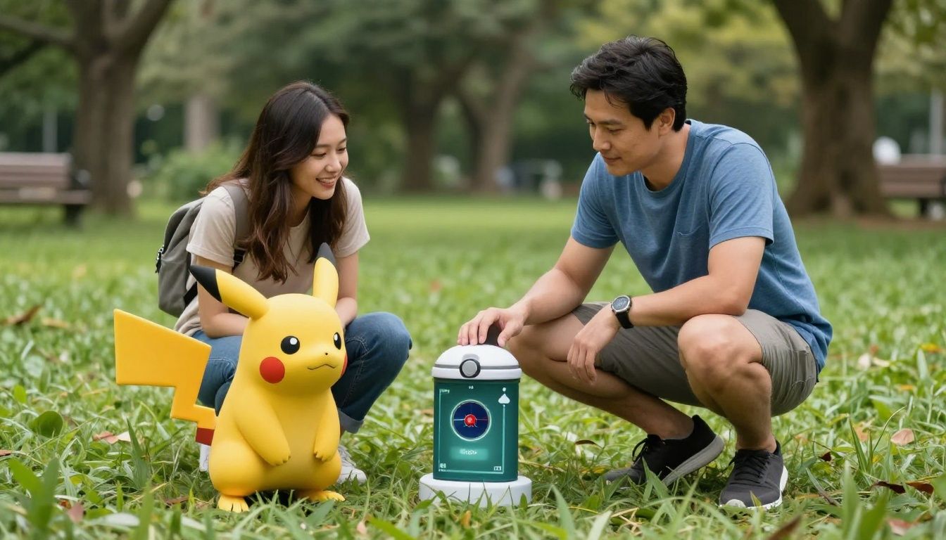 Treinador explorando um parque ao ar livre enquanto captura um Pokémon raro em Pokémon GO, com PokéStops, Ginásios e elementos de realidade aumentada ao redor
