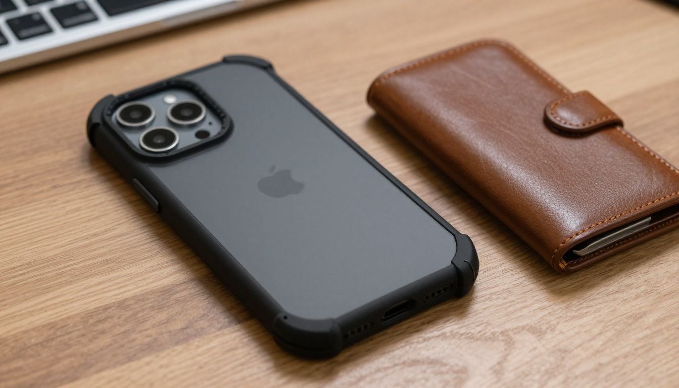 A close-up shot of a rugged, black heavy-duty iPhone 16 Plus case next to a sleek brown leather wallet case on a wooden workbench