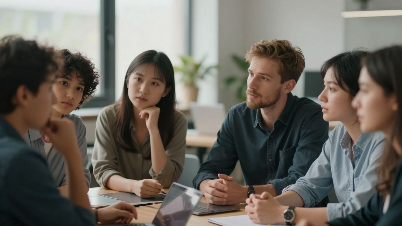 Diverse group discussing technology terminology in an office.