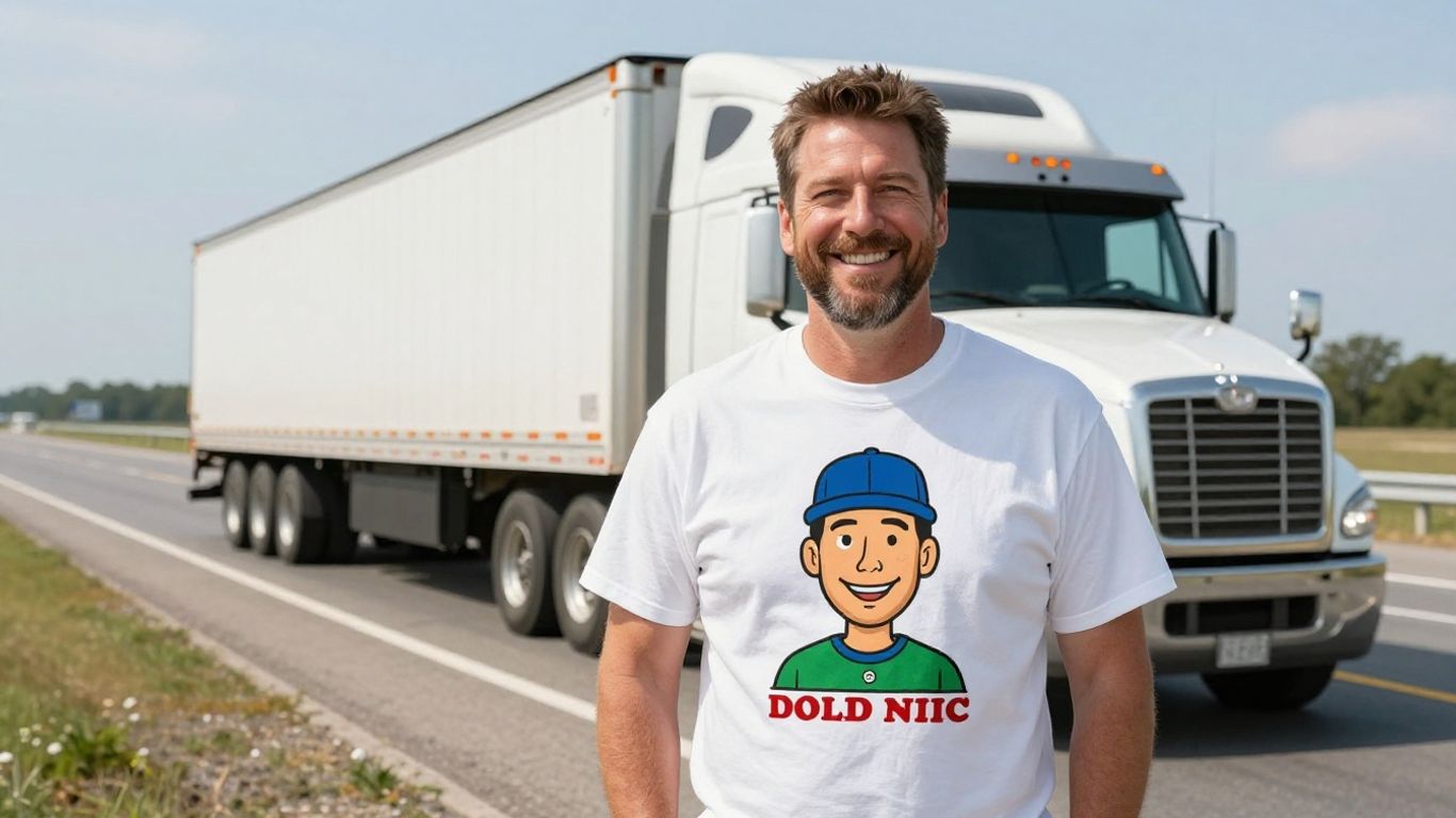 Dad in funny truck driver t-shirt with semi-truck.