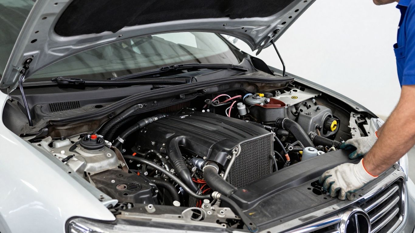 Technician inspecting a damaged engine bay
