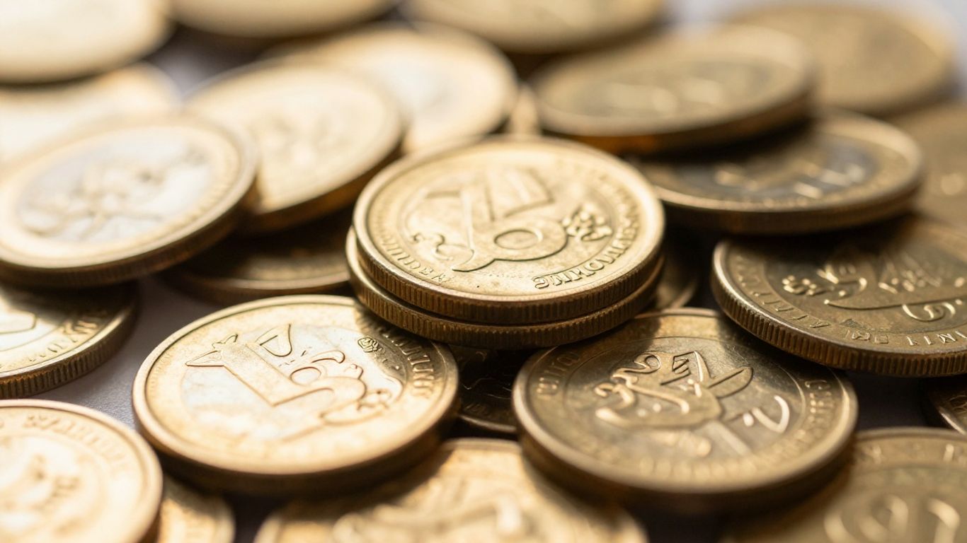 Pièces d'or brillantes empilées et dispersées.