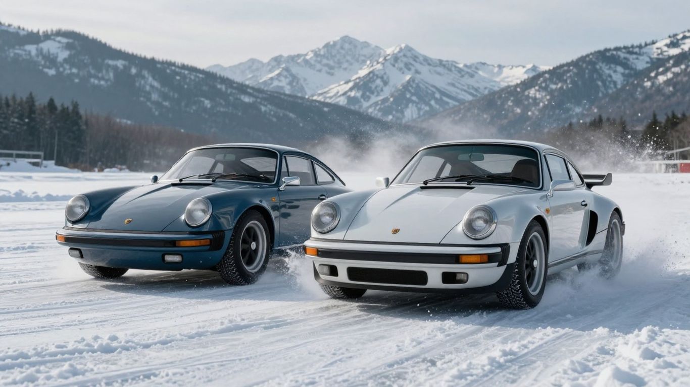 Classic and electric Porsches racing on snowy ice track