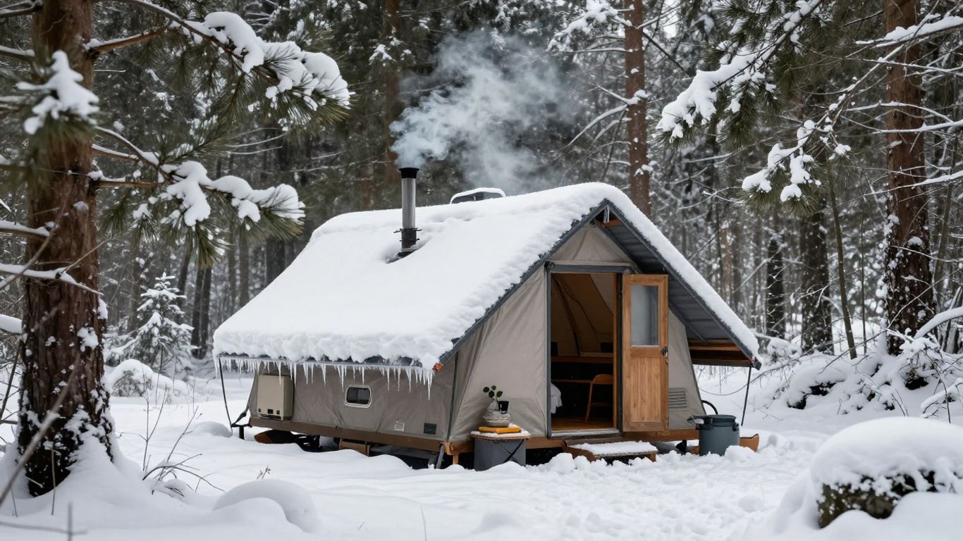 Snowy RV in a winter forest campsite.