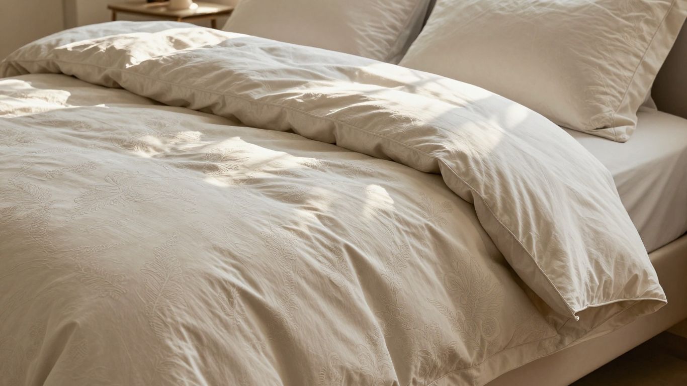 Luxurious comforter and sheet set on a bed.