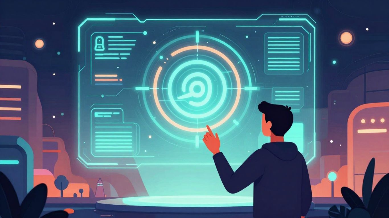 Person interacting with a futuristic AI interface.