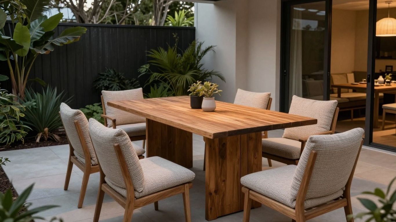 Comfortable outdoor dining chairs around timber table