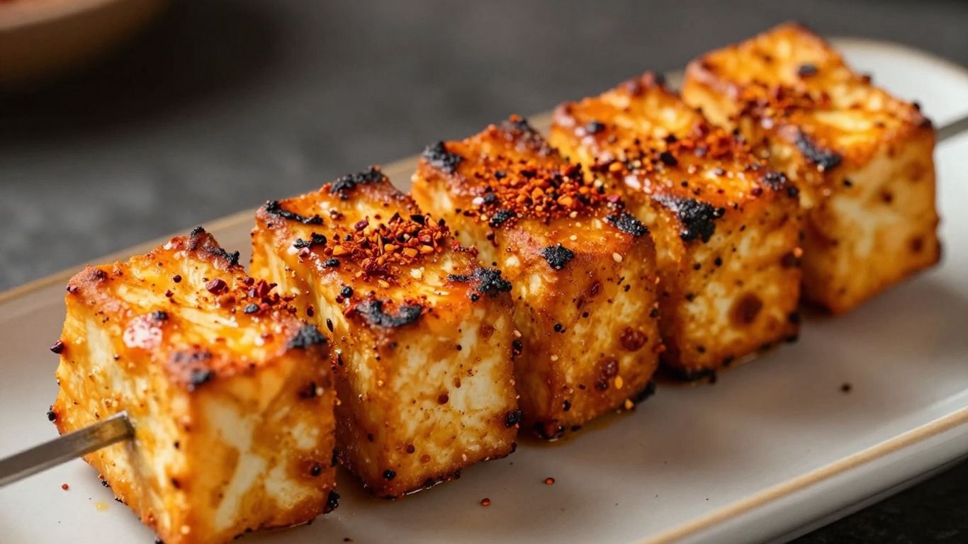 Paneer tandoori skewers with char marks.