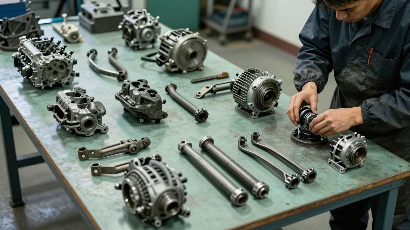 Rebuilt vehicle components arranged in a clean workshop