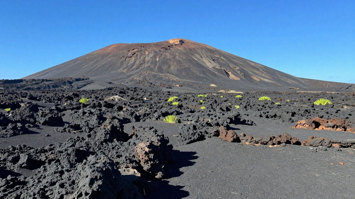 Volcanic landscape of Lanzarote, Spain with lava fields.
