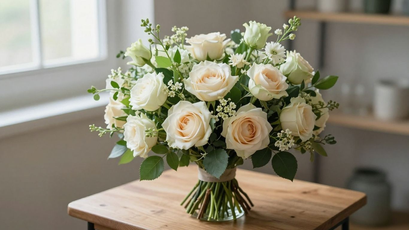 Seasonal bouquet in soft colors on a table