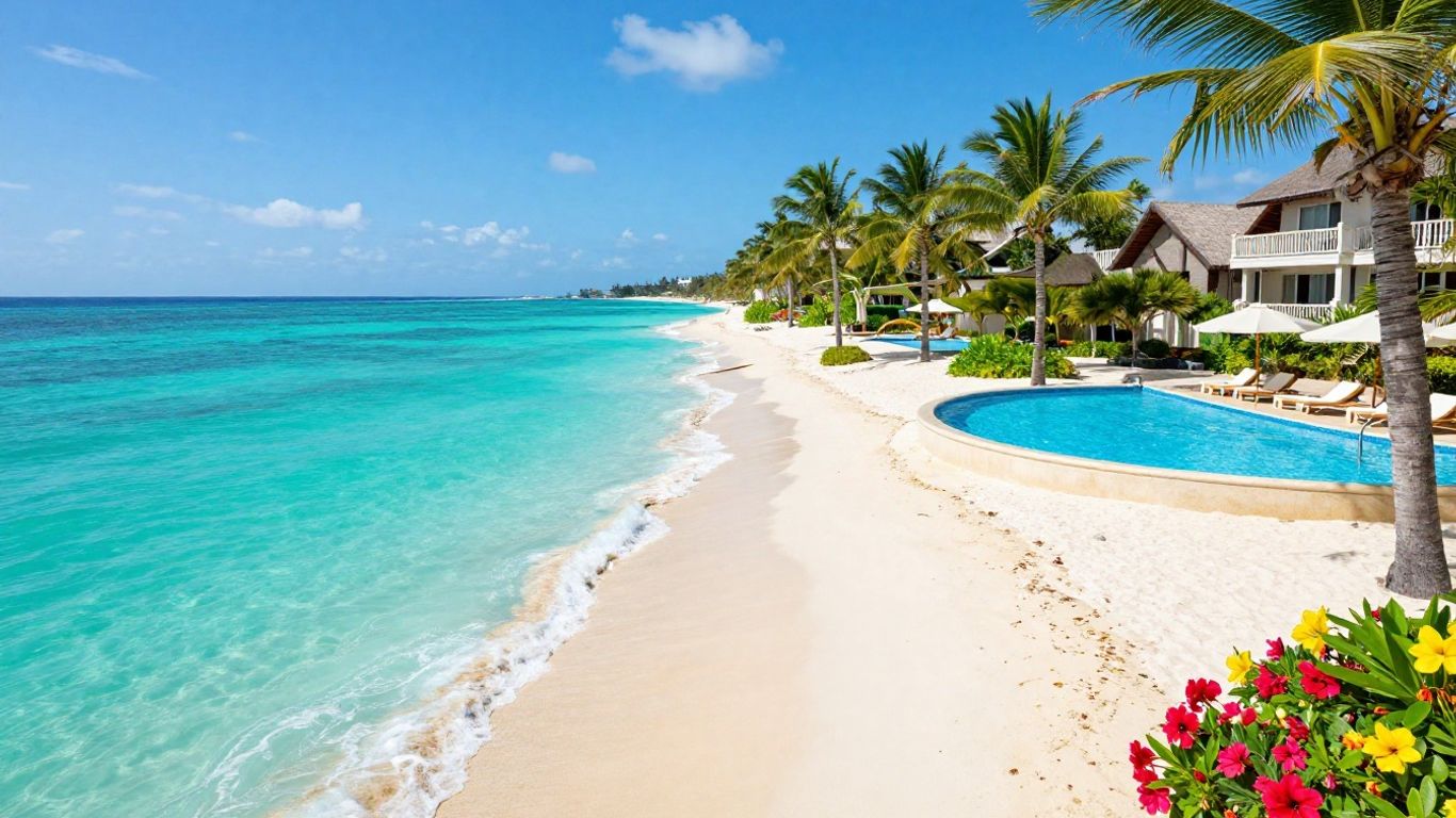Puerto Rico beach resort with pools and palm trees.
