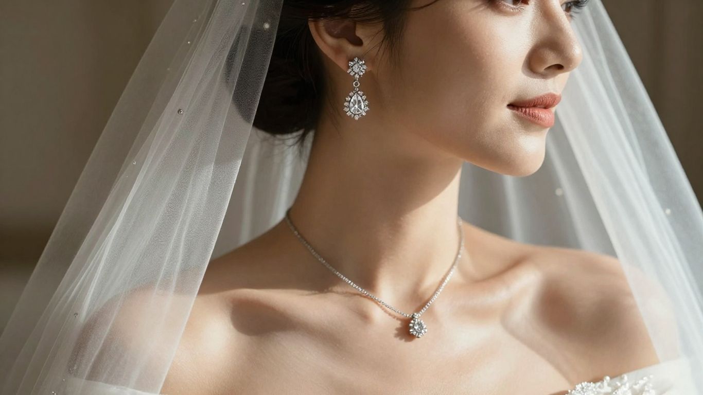 A bride wearing elegant jewellery smiling