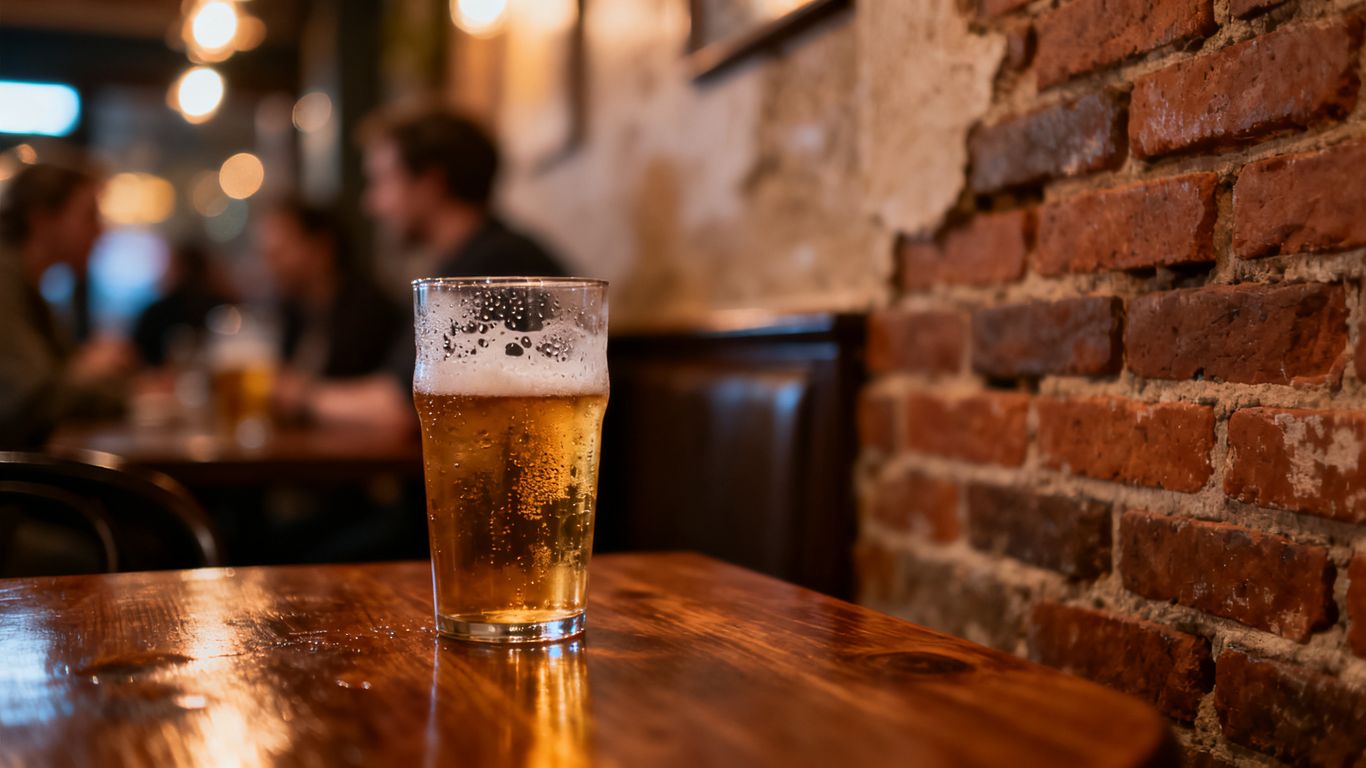 Craft beer glasses beside warm pub lighting
