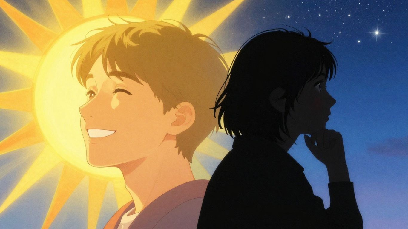 Sun and silhouette faces, cosmic first impression