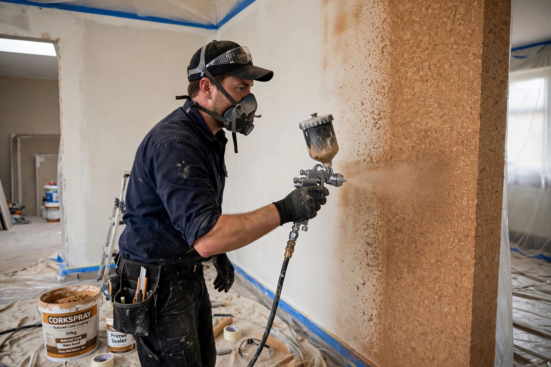 A tradesperson applying a textured spray cork coating to an interior wall