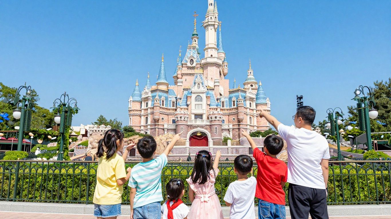 Disneyland castle with happy families enjoying vacation.