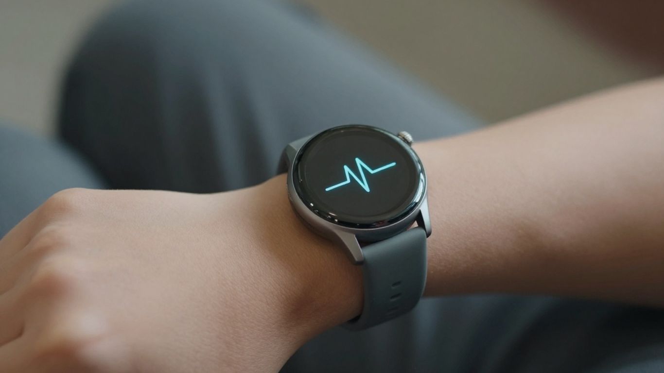 Smartwatch am Handgelenk zeigt Herzfrequenz an.