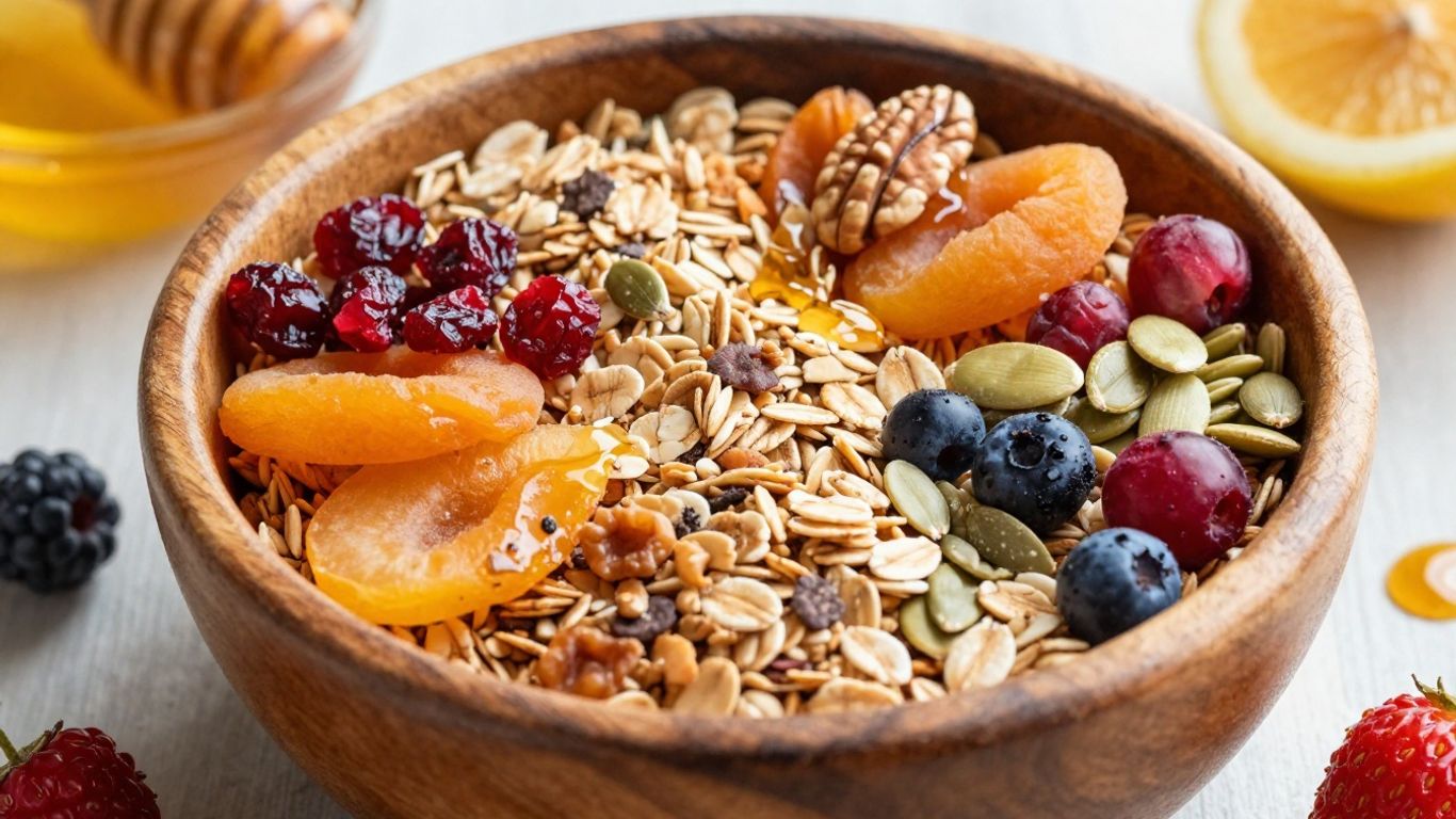 Bowl of healthy muesli with fruits and nuts.