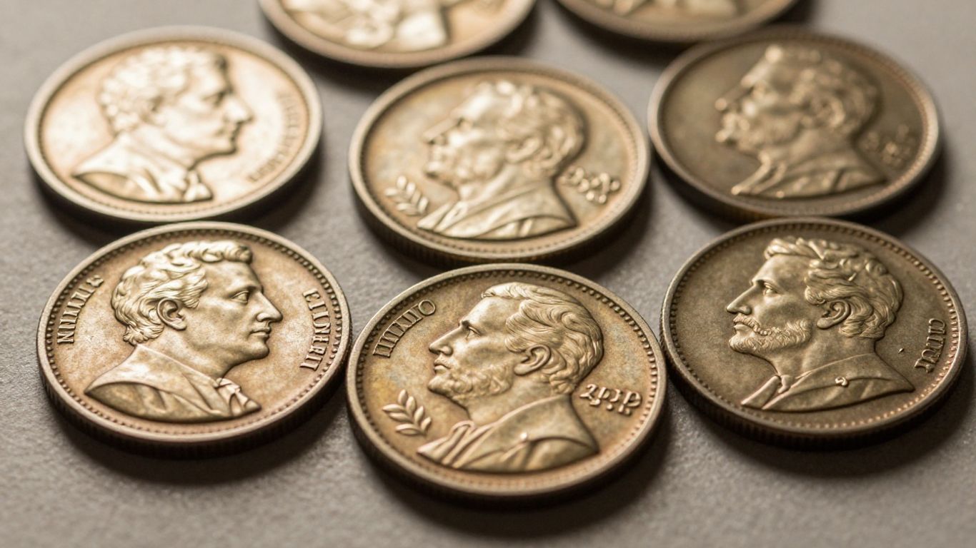 Antique hobo nickels with carved faces and designs.