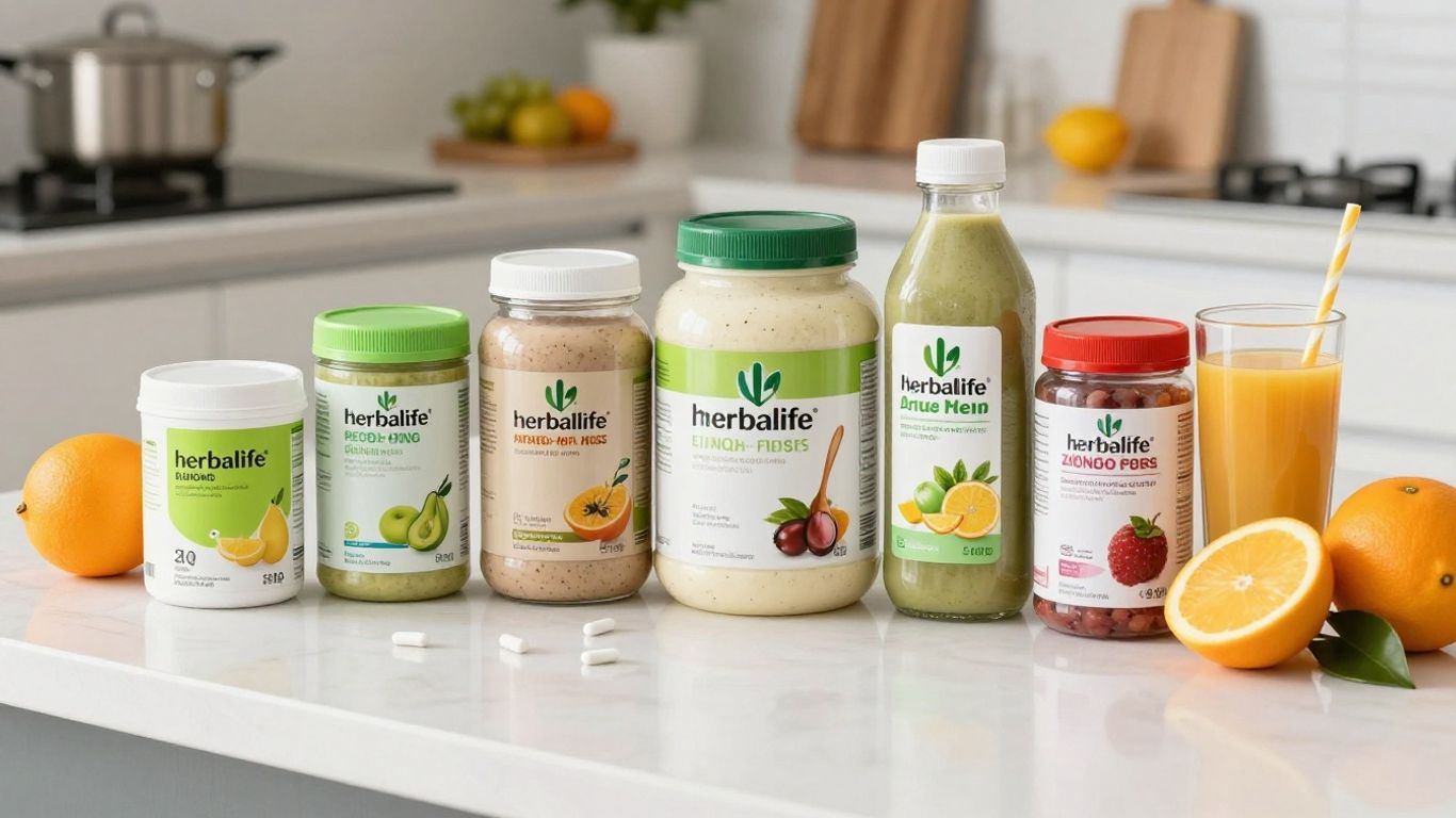 Herbalife products and fresh fruits on kitchen counter