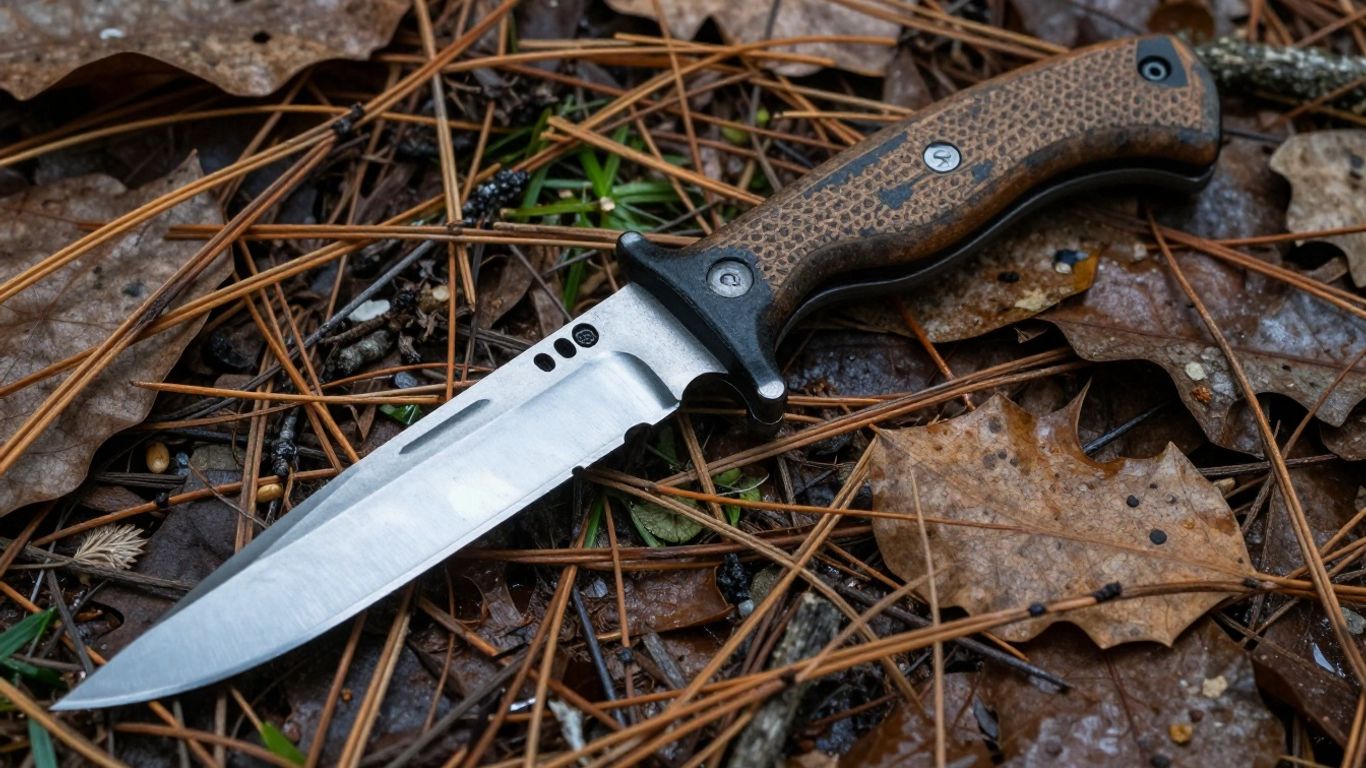 Outdoor survival knife on forest floor, ready for adventure.