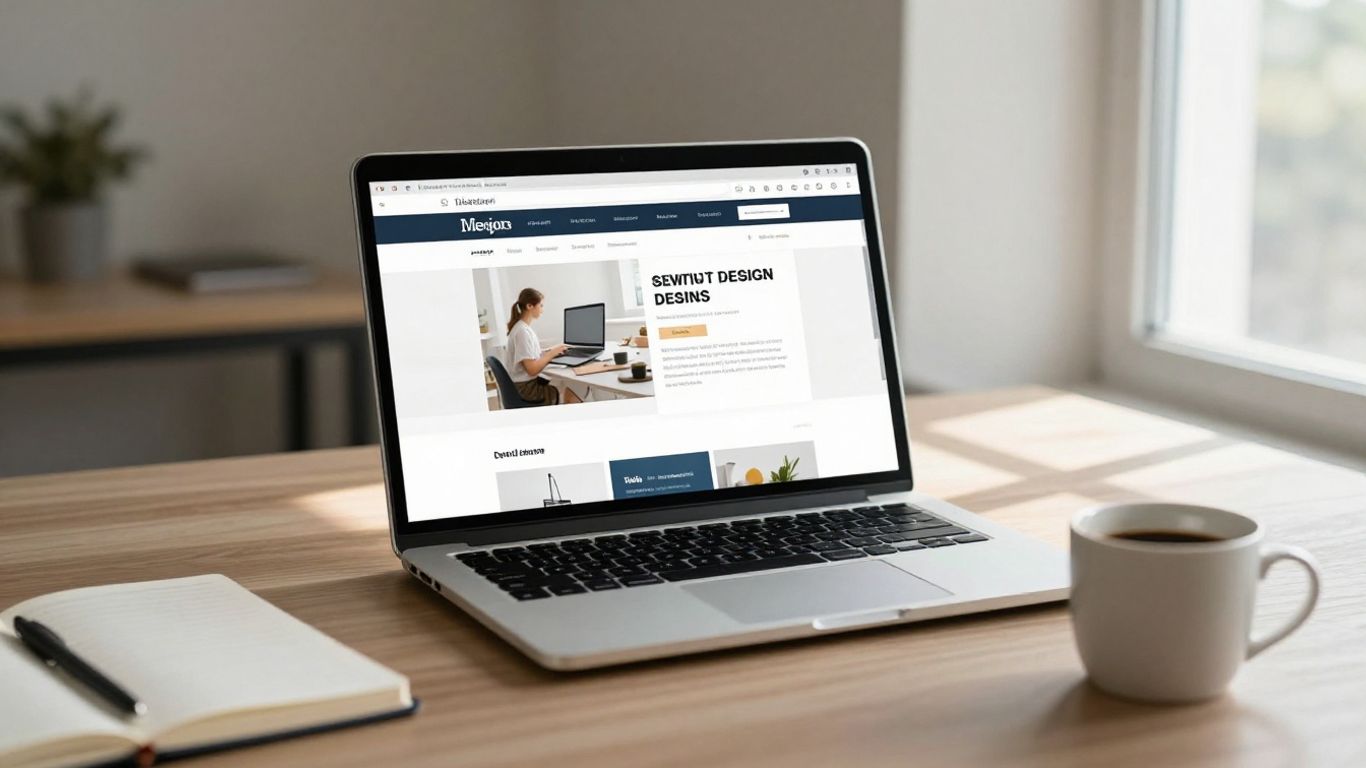 Modern workspace with laptop showing web design.