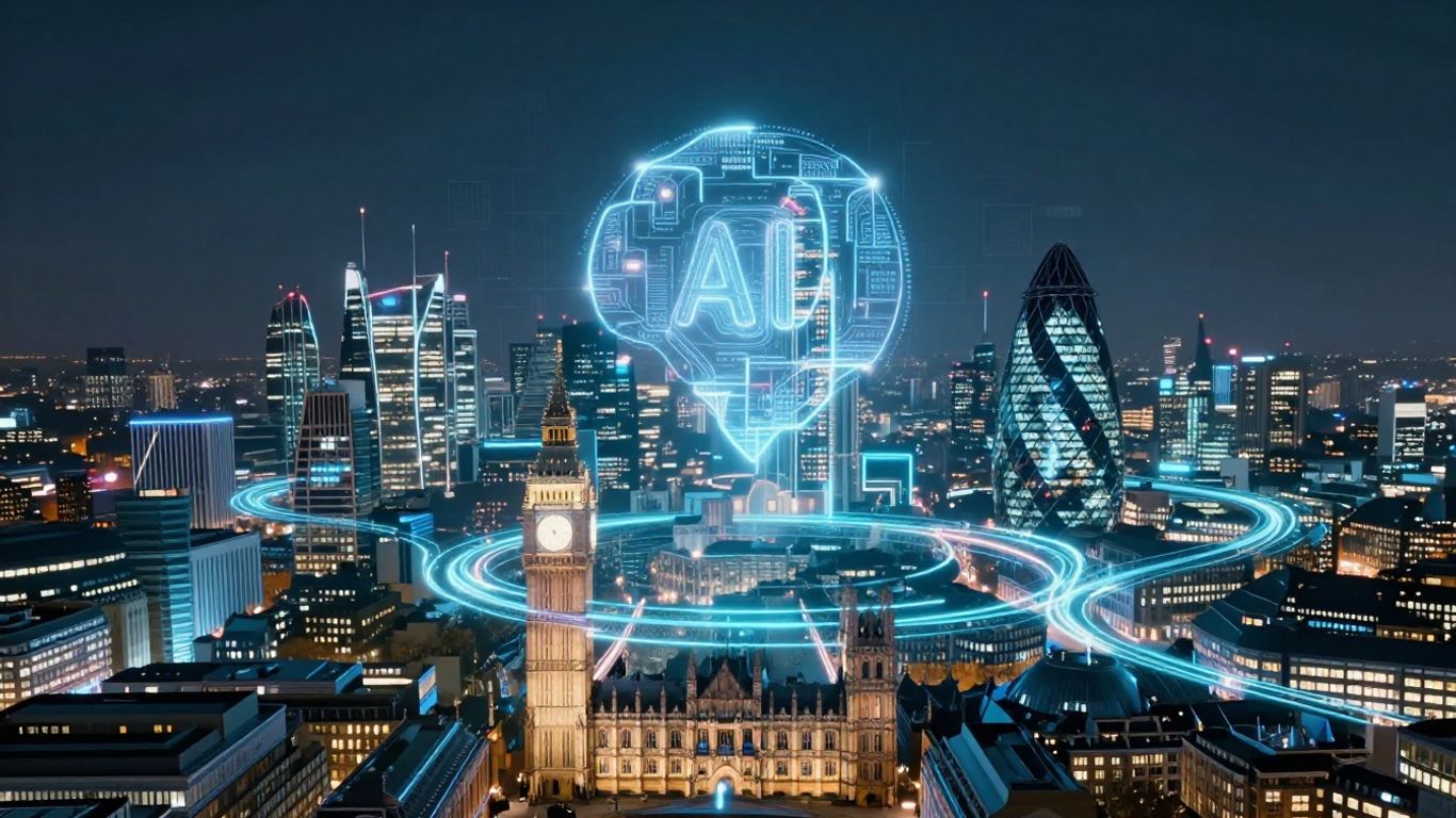 UK AI regulation concept with London skyline.