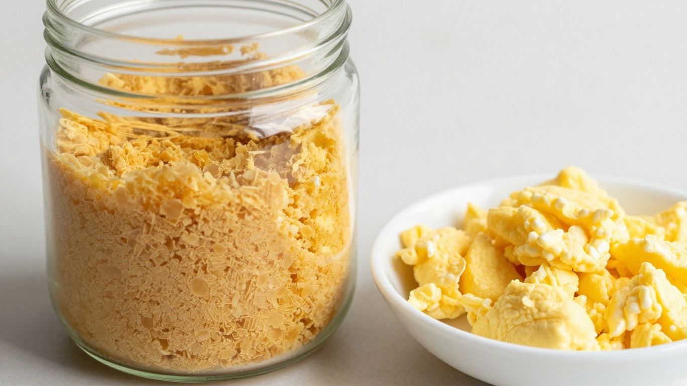 Freeze-dried eggs in a jar and reconstituted scrambled eggs.