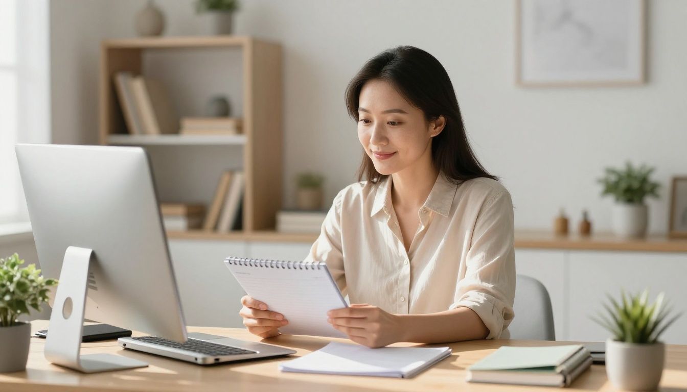 A focused and calm mother sits at a clean desk, looking at her planner with a gentle smile. Sunlight streams into the modern, organized room, suggesting clarity and purpose.