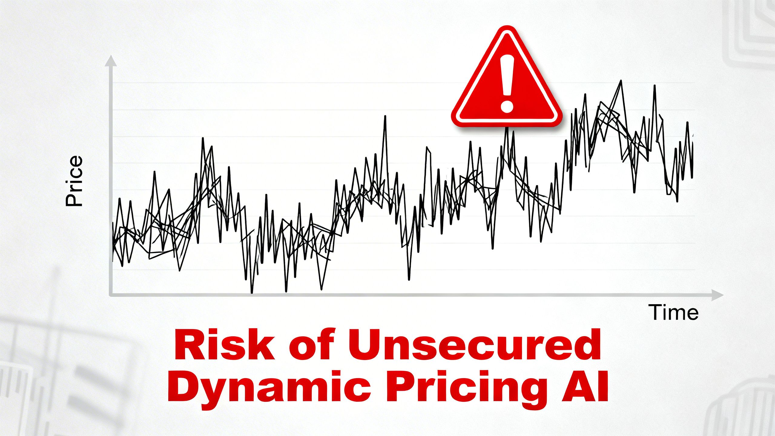 A graph showing chaotic price fluctuations with a warning sign, depicting the risks of unsecured dynamic pricing AI.