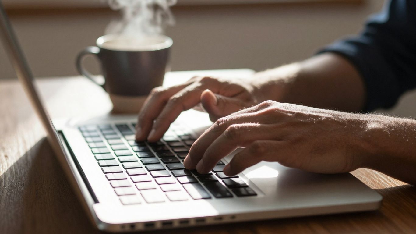 Hands typing on a laptop keyboard with a coffee mug.
