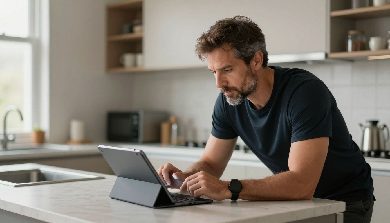A fit man in his 40s with a salt-and-pepper beard is thoughtfully reviewing his workout and nutrition plan on a tablet in a modern, well-lit kitchen.