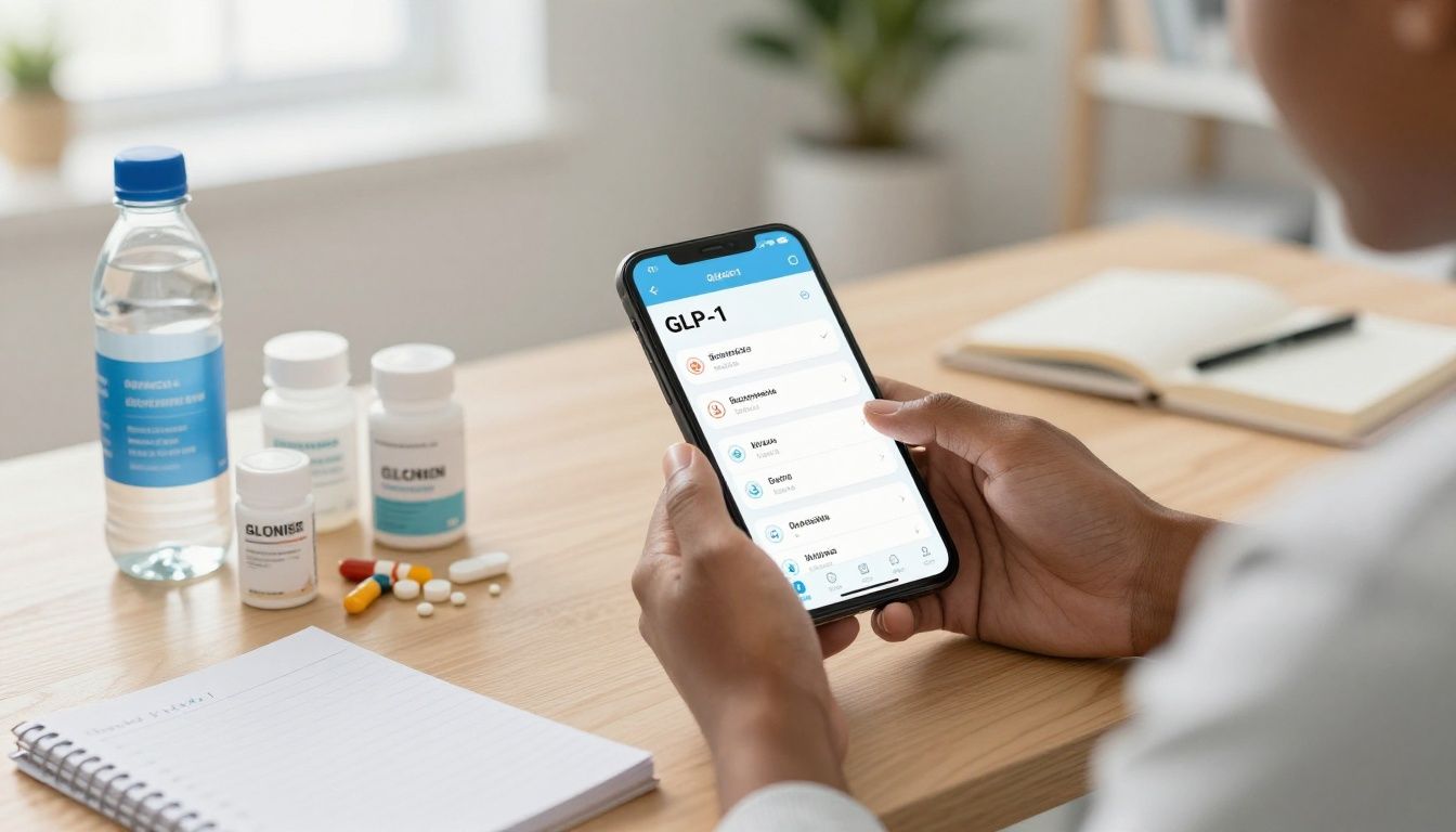Bright modern health-tech scene with a diverse U.S. adult reviewing a GLP-1 treatment tracking app beside organized medication supplies, a water bottle, wellness notes, and subtle fitness and recovery cues; realistic natural lighting, clean contemporary home office, no text, no logos, no distorted hands