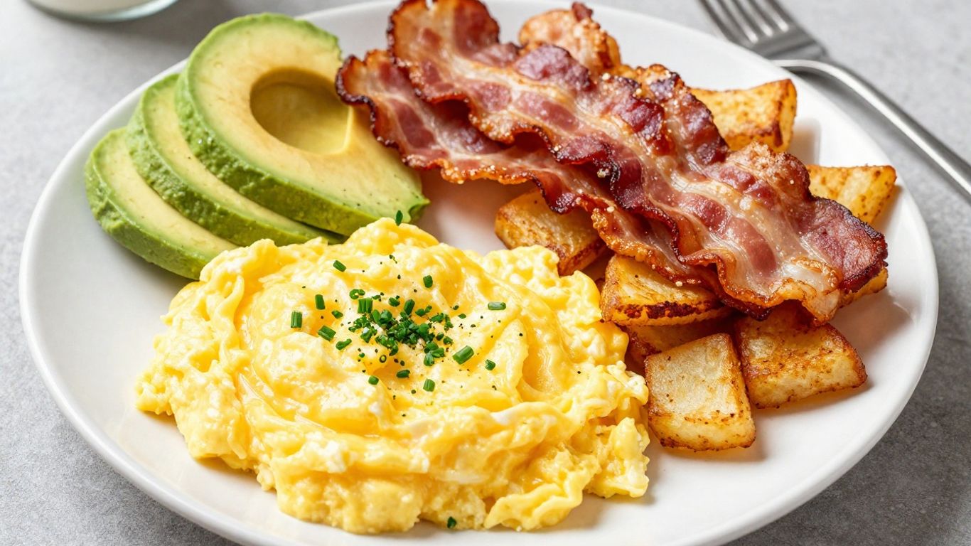 Scrambled eggs with bacon and hash browns.