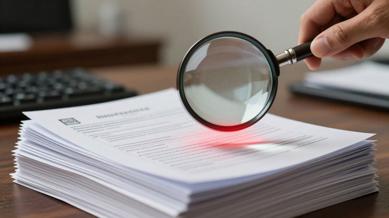 Magnifying glass over insurance claims with fraud indicator.