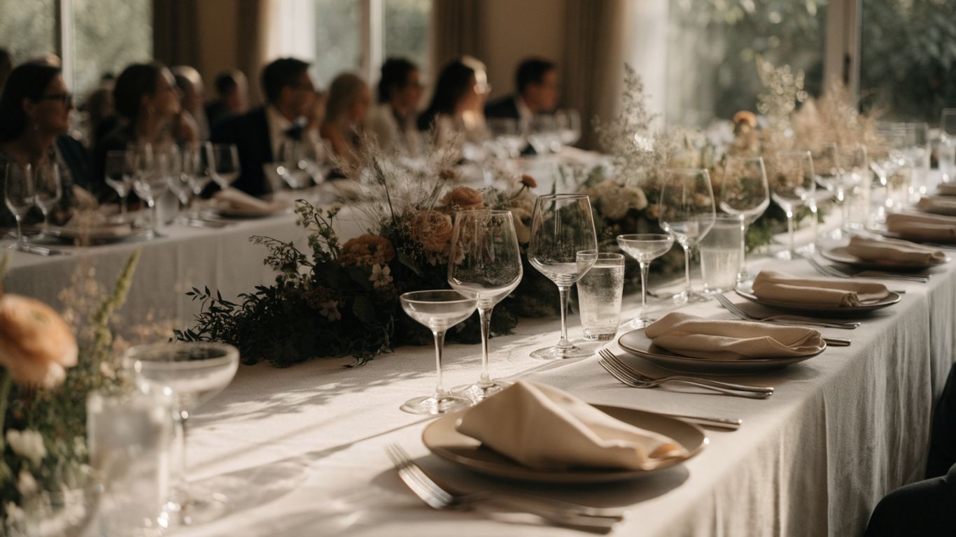 Reception tables arranged with seasonal wedding flowers