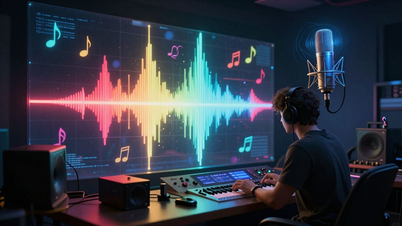AI music studio with glowing sound waves and holographic microphone.