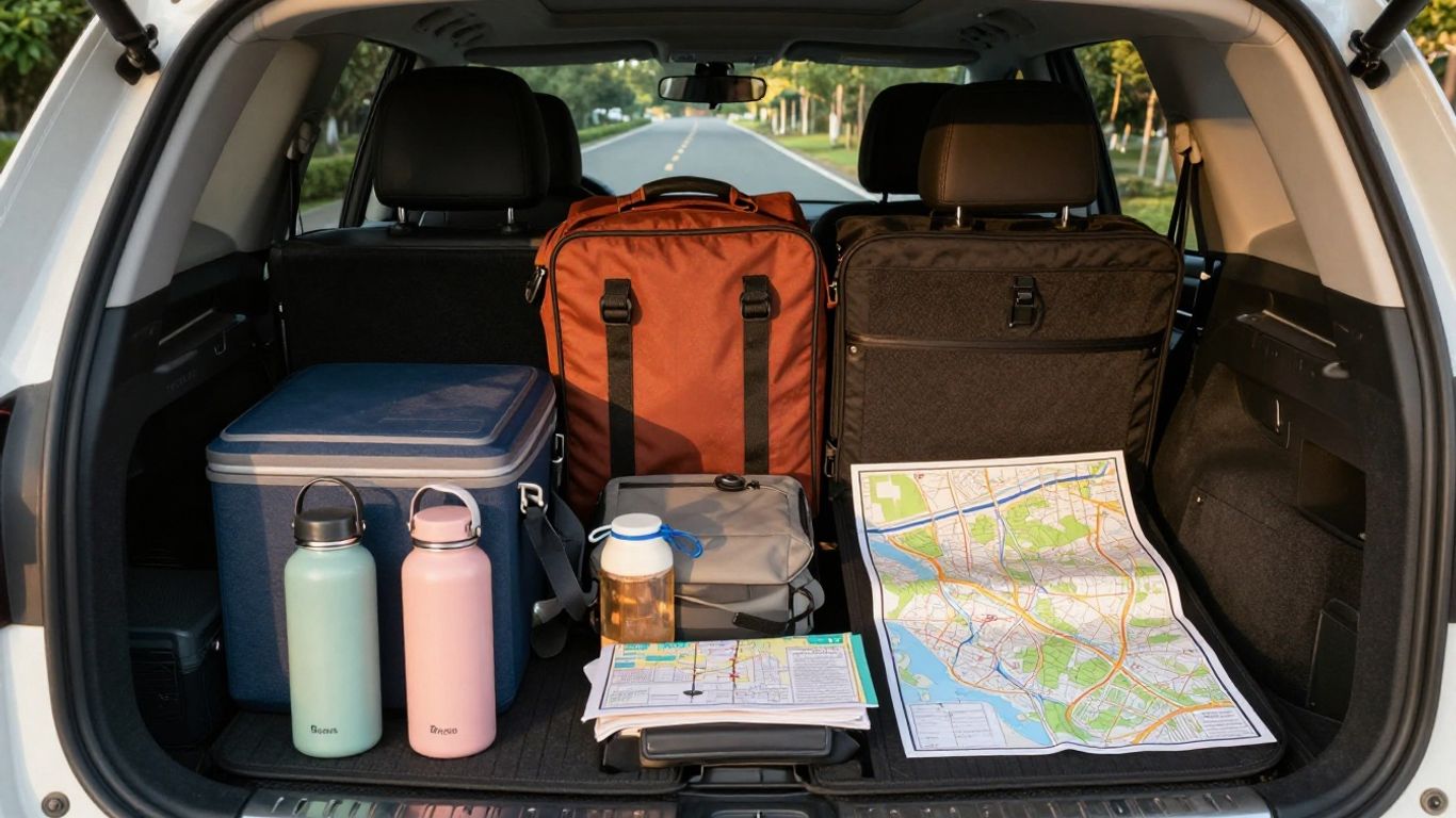Road trip bags and snacks arranged in a car