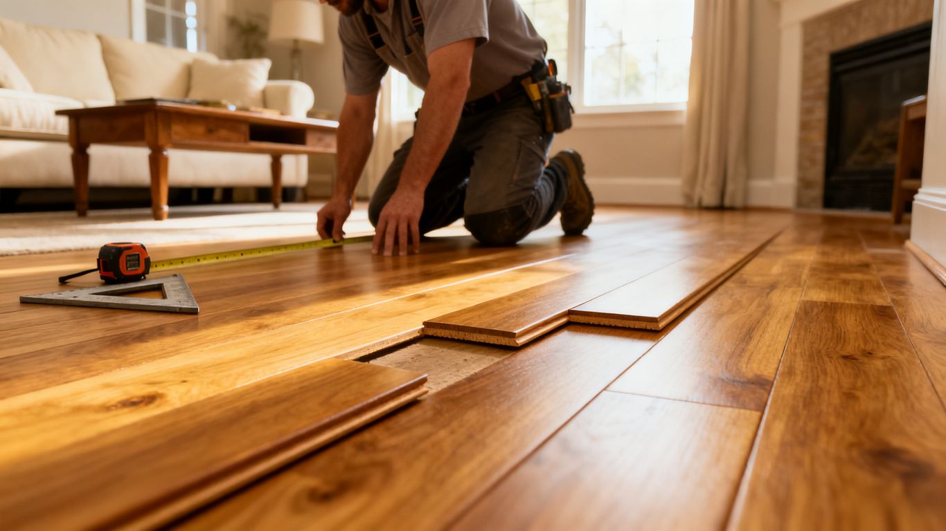 Hardwood flooring contractor measuring finished room