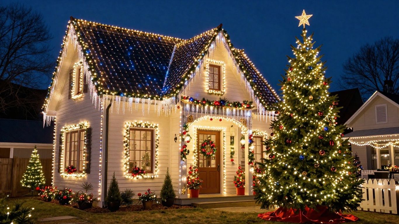 House decorated with bright Christmas lights at night.