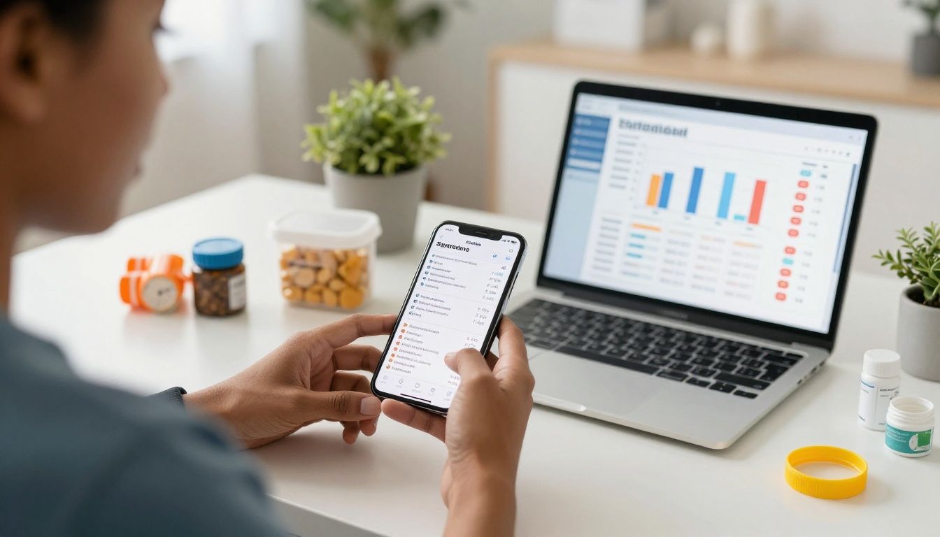 Bright modern health-tech scene with a diverse American adult reviewing symptom trends and lab results on a smartphone beside an organized medication routine, supplement containers, fitness gear, and a laptop in a clean contemporary home office; realistic photography, natural light, no text or logos