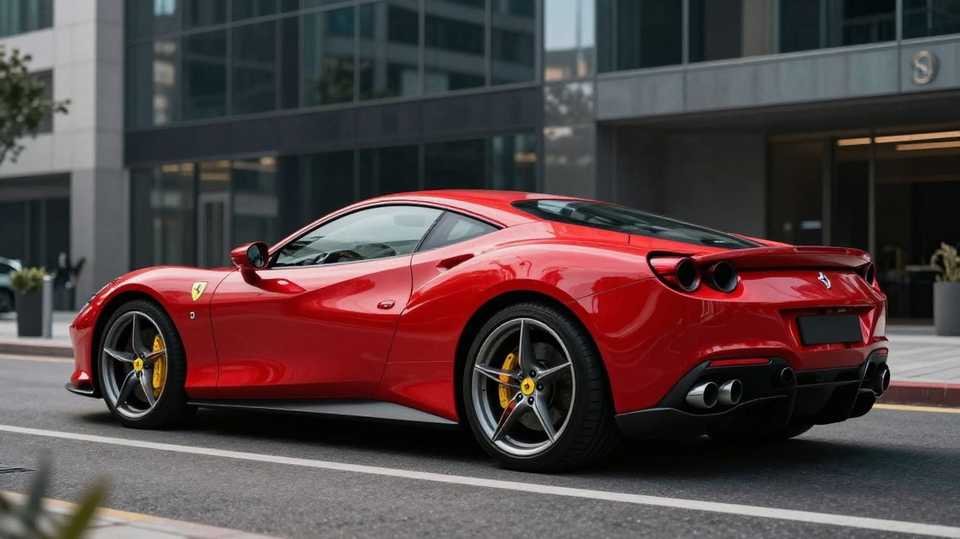 Red Ferrari Roma parked in a sunny cityscape