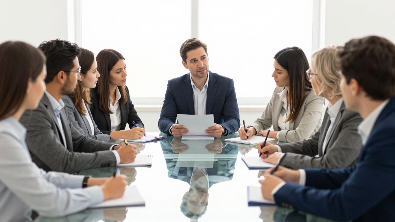 Global colleagues collaborating around a meeting table