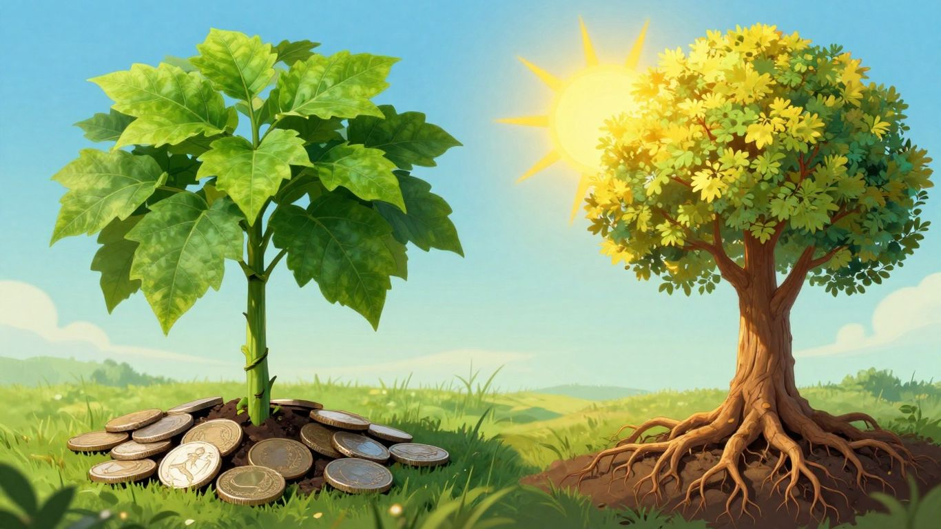 Growing plant versus wilting plant with coins