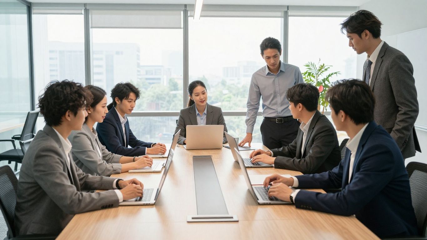 SaaS revenue operations team collaborating in a modern office.