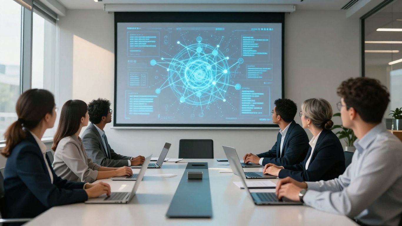 Business professionals interacting with AI hologram in office.