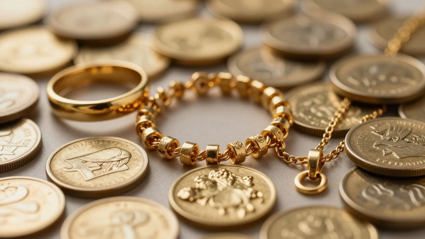 Bijoux en or 18 carats, lingots et pièces d'or.