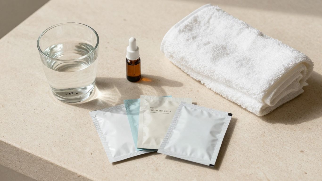 Several lubricant samples arranged with personal care items