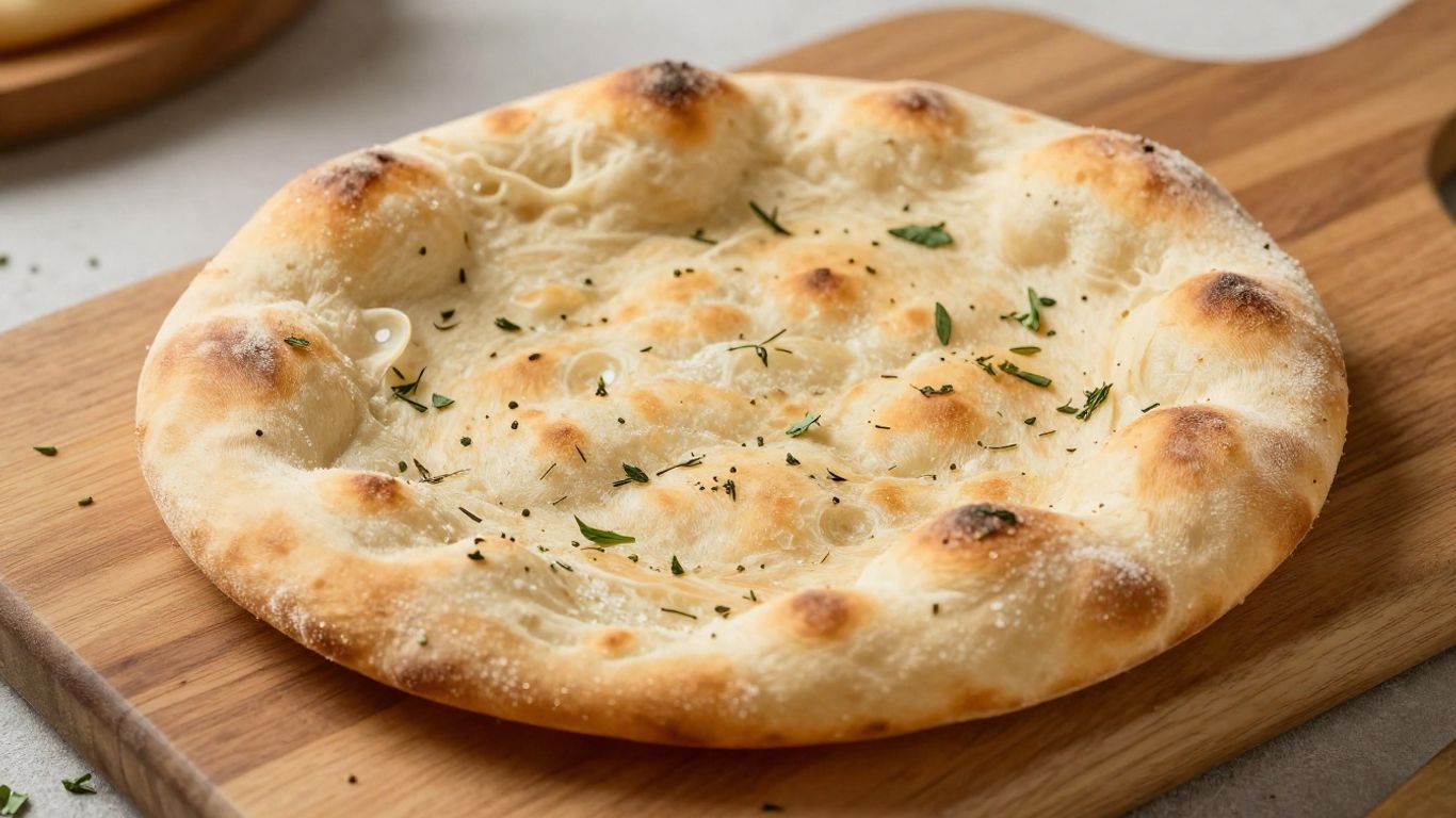 Warm lavash bread on a wooden board with herbs.